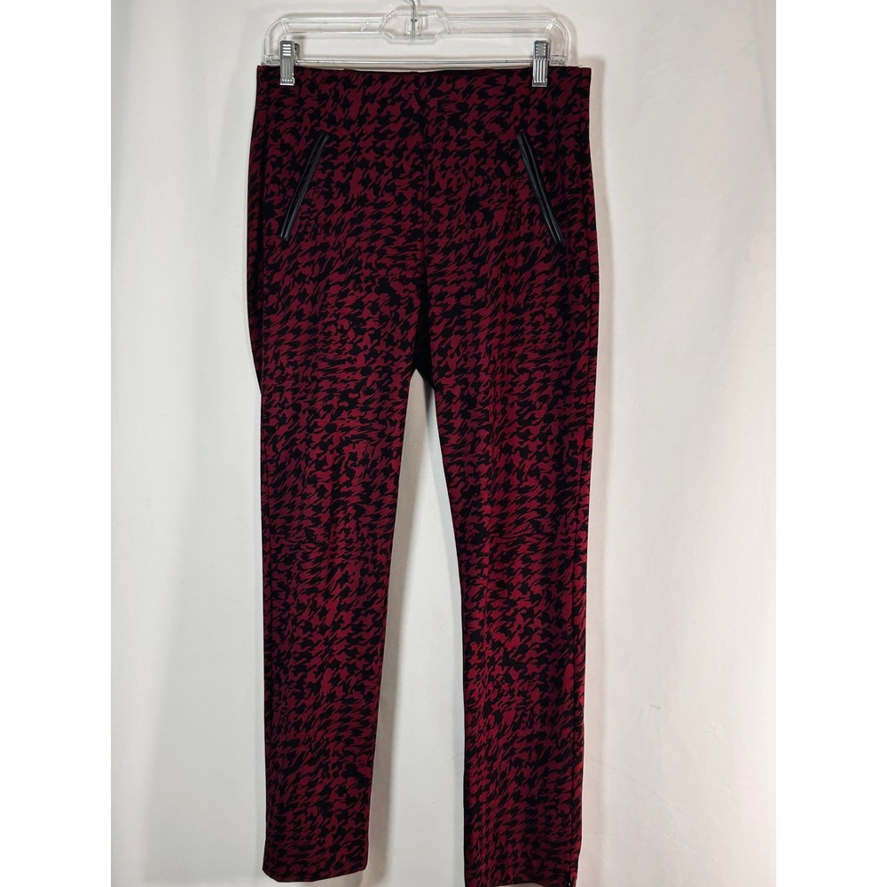 Chicos Red Black Abstract Houndstooth Ankle Pants Faux Leather Trim Size 0 US 4